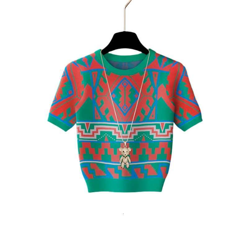 Summer Vintage Patchwork Geometric Pattern Sweater Women Fashion O-Neck Short Sleeve Knitted Pullover Tops Knitwear
