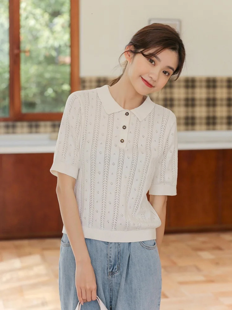 Summer Fashion 100% Cotton Women Hollow-out Sweater T-shirt Short-sleeve Polo Collar Pullover Tees Korea Casual Knitted Tops 250318