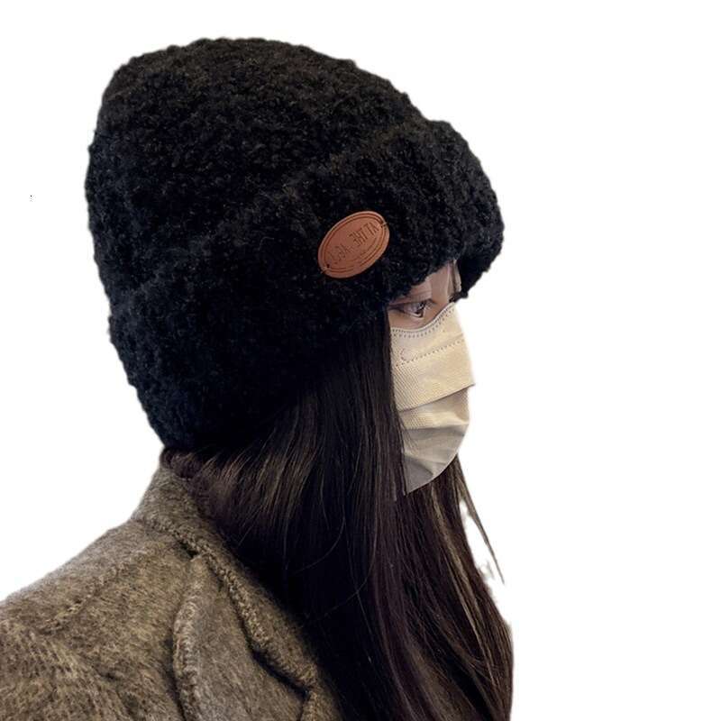 Knitted yarn for women in autumn and winter, Korean fashion trend brand, warm label, solid color, cold hat with a head cover