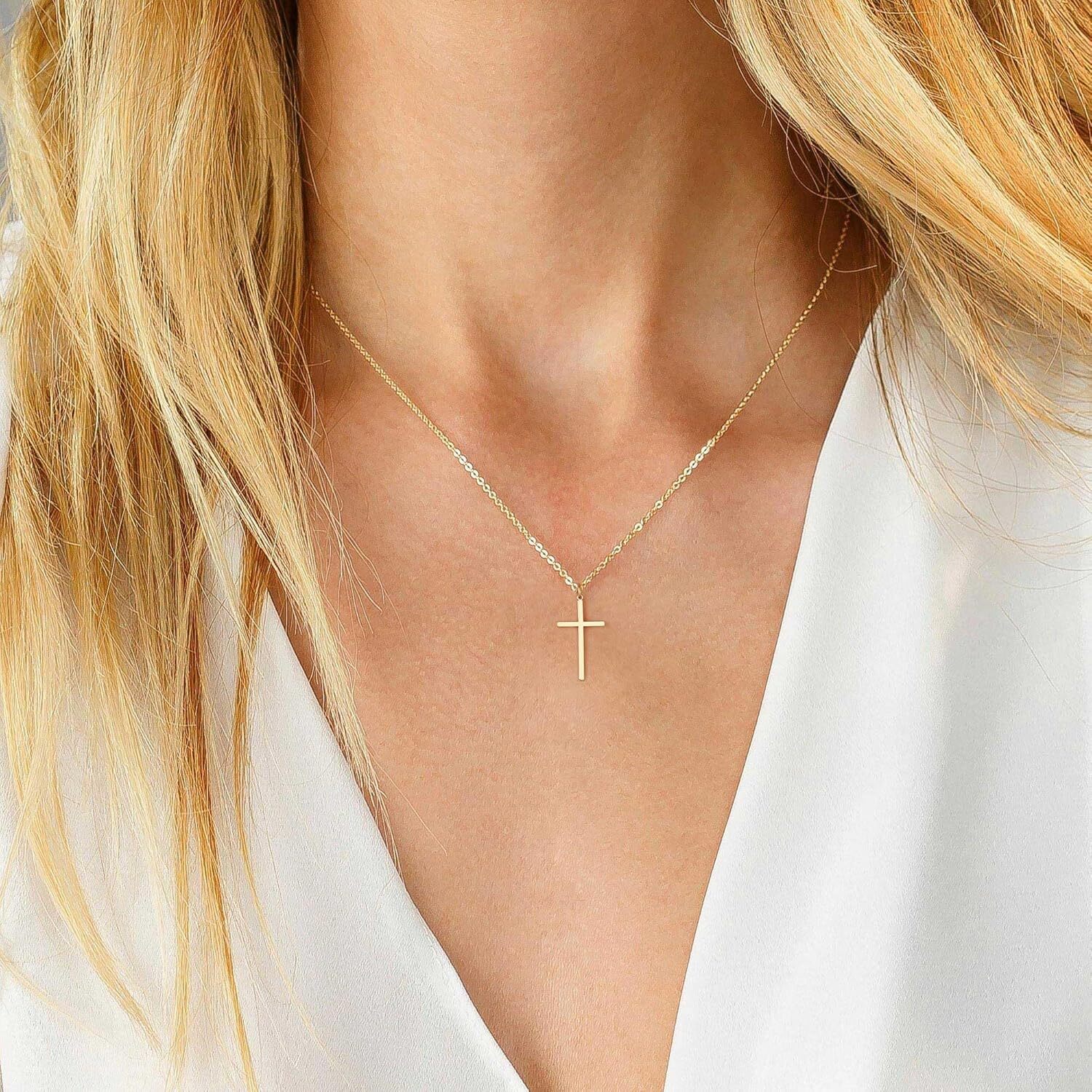 Necklace, 14K Plated Layered Small Side Cross Necklace Gold Jewelry Gift Ladies' Fashion