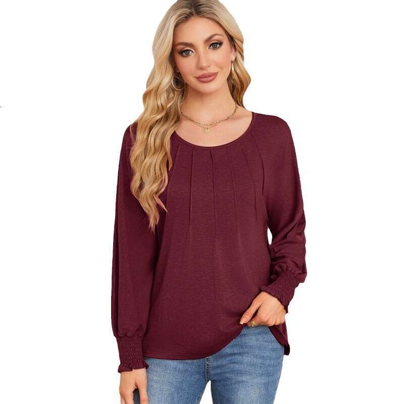 autumn winter popular European American women's round neck pleated long sleeved casual top T-shirt 2025 new style chic and elegant clothing