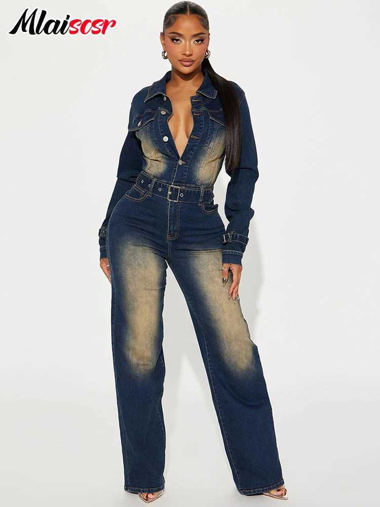 Mlaicsr stretch denim one-piece jumpsuit with waistband womens dress winter long slip collar washed jeans jumpsuit birthday jacket X250318