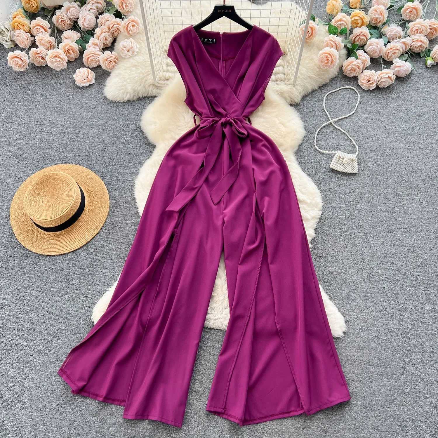 Summer Vintgae Womens Wide Leg jumpsuit Elegant V-Nevck Sveless High Waist Ultra Thin Casual Bandage jumpsuit New Fashion X250318