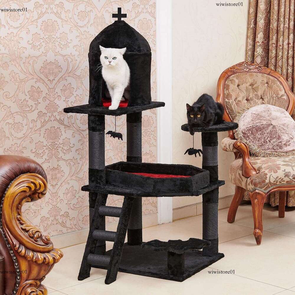 Gothic Cat Tree With Coffin Bed Cat Tower With Spacious Cat Condo Scratching Posts Spider Hanging Ball Multi Level