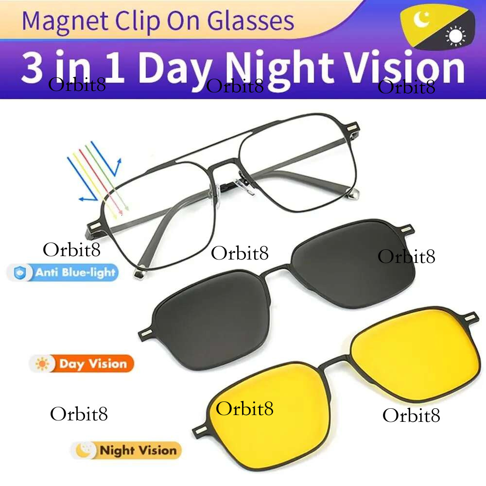 New Style 3 In 1 Eyewear Night Vision Metal Computer Anti Blue Light Glasses Polarized with Magnet Clip on Sunglasses