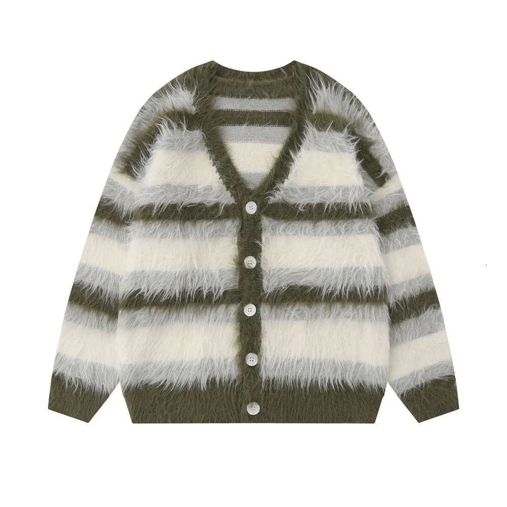 Striped Plush V-neck Sweater Mens Loose Casual Brushed Knit Trendy Couple Versatile Comfortable Harajuku High Street Cardigan 250318