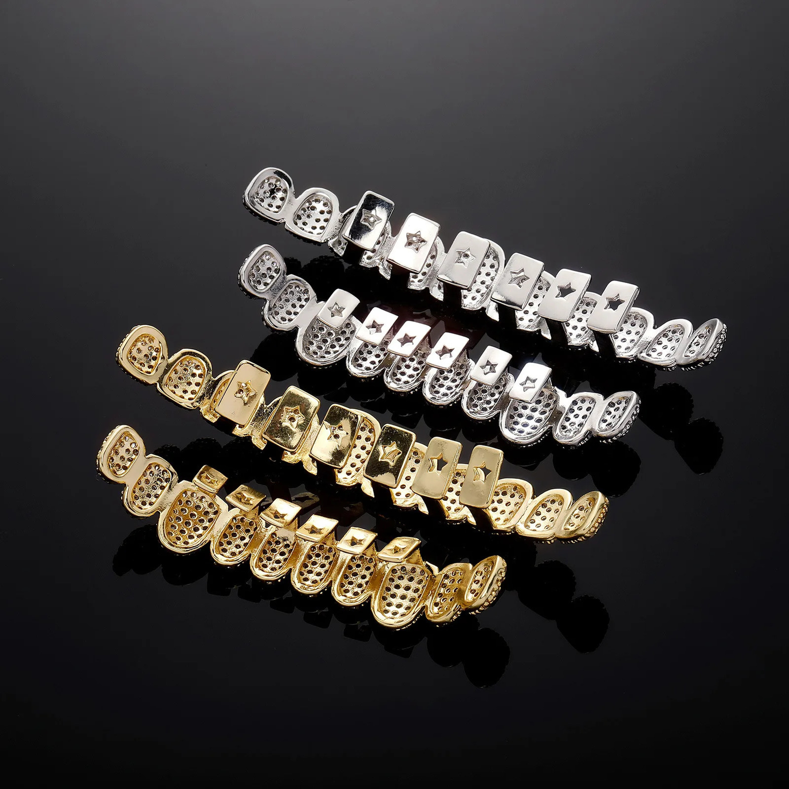 More Longer Shape Iced Out Teeth Hip Hop 10/10 Top Bottom Grills Dental Mouth Punk Teeth Caps Cosplay Party TG103 250318