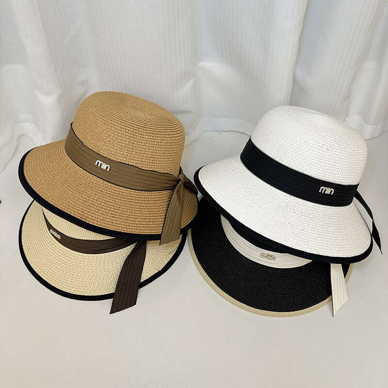 Summer metal letter label woven ribbon bow straw for women, beach vacation hat, outdoor protection sun hat