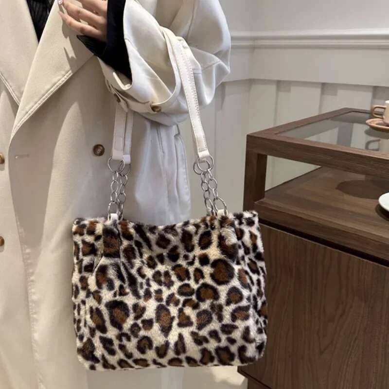 Simple National Style Women Leopard Tote Lady Fluffy Shoulder Chain Large Capacity Commuter Handle Bag