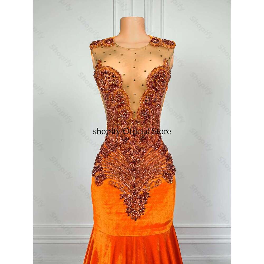 Elegant Long Orange Veet Prom Dress For Black Girls 2025 Rhie Dia Mermaid Birthday Party Gowns Customized Dr0318