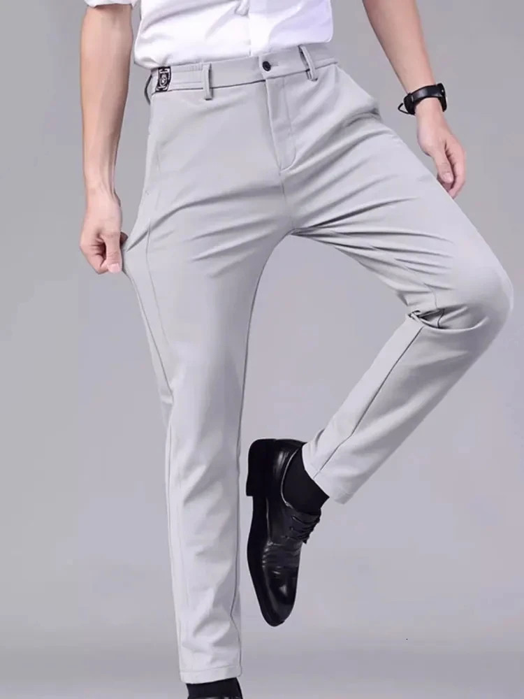 Mens casual pants semi elastic waistband nylon ice silk elastic straight tube light gray business gentleman summer casual 250318