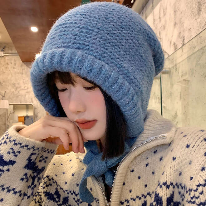 Solid color balaclava women's winter Korean version ear protection and cold proof woolen thickened warm knitted hat