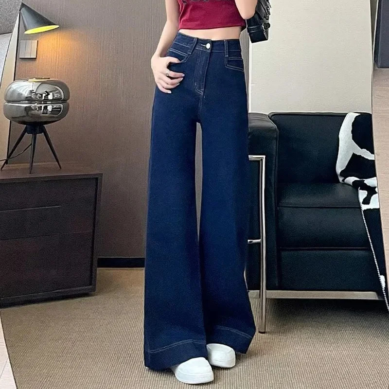 Girls Fashion Korean Straight Casual Jeans Female Baggy High Waist Wide Leg Denim Pants Women Classic Wash Darkblue Trousers 250317