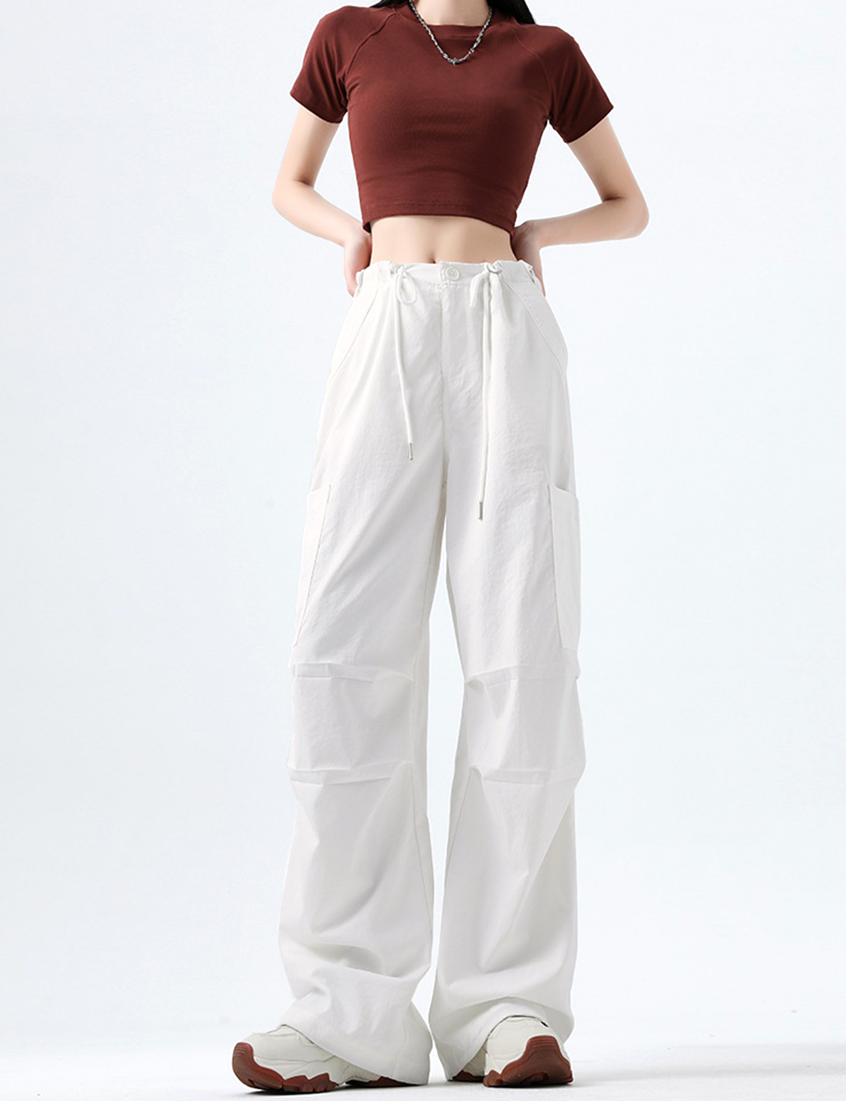 Women's Cargo Pants - Baggy Parachute Pants with Pockets for Everyday Wear, Adjustable Drawstring Waist