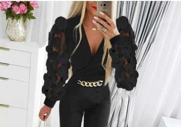 Jumpsuit Women Spring Fashion Floral Pattern Shr Mesh Patch Chain Decor Casual V-Neck Long Sleeve Skinny Daily Long Jumpsuit X250318
