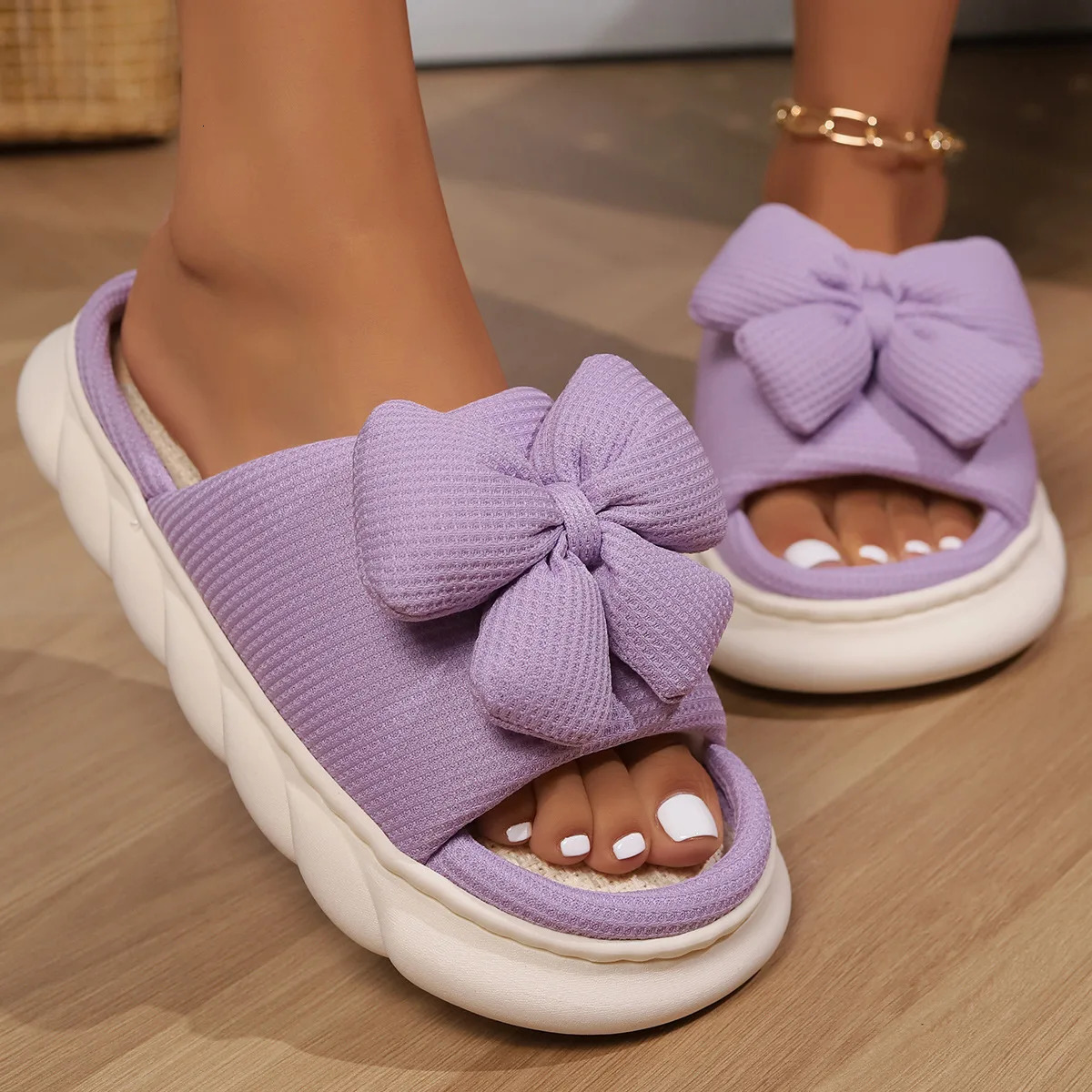 Fashion Bowknot Linen Home Slippers Women Thick Sole Non Slip House Cotton Shoes Woman Flat Heels Platform Indoor Slippers 250318