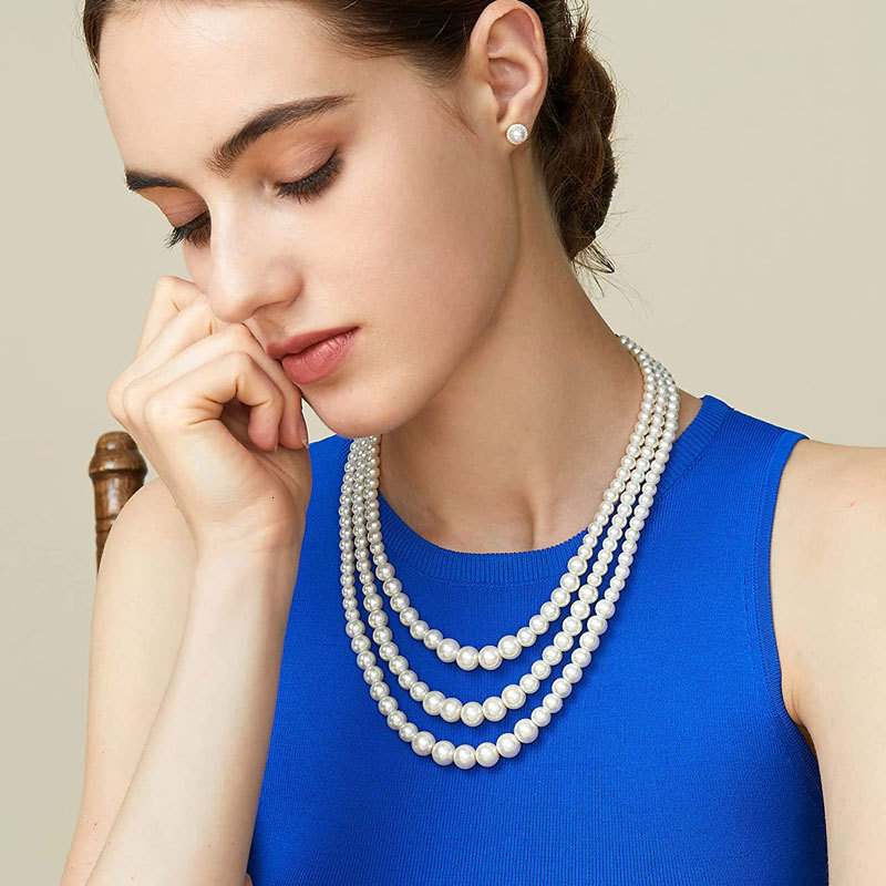 8mm Imitation Pearl Long Necklace Women's Fashion Multi-layered Sweater Chain Jewelry