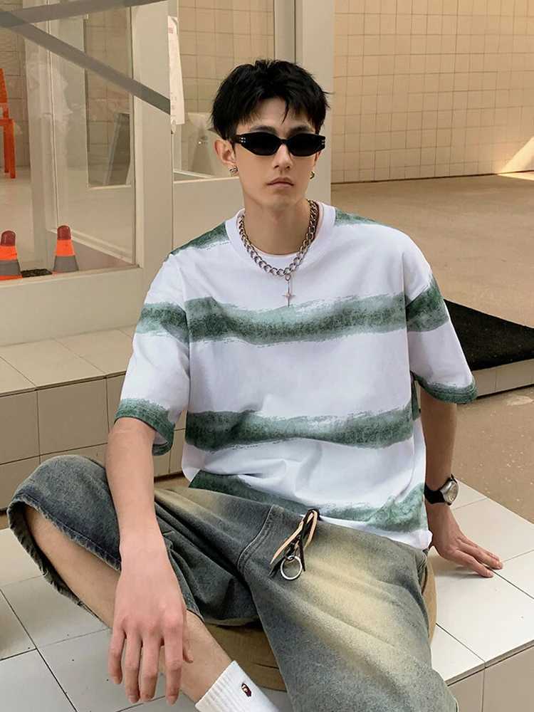 250G cotton summer T-shirt mens Korean fashion irregular striped basic T-shirt Y2K top short sleeved oversized T-shirtT250318