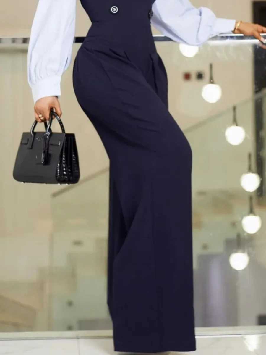 Fracy Urban Womens Work Clothes with Collar Long Slves Split High Waist Loose Top Wide Legs Floor Length jumpsuit X250318