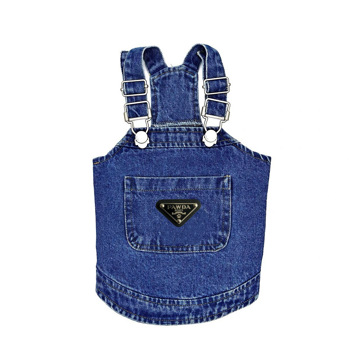 PAWDA Dog Denim Dress for Small Dogs Girl Interesting Imitation Design Pet Clothes with Big Pockets Triangle Flags Puppy Spring Summer Sling Cats Skir
