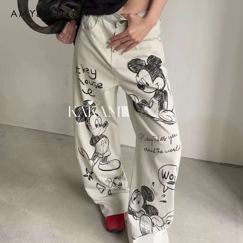 2025 Spring American Street Denim Trousers Cartoon Graffiti High Waist Skinny Wide Leg Jeans Or Mopping Straight Pants Women