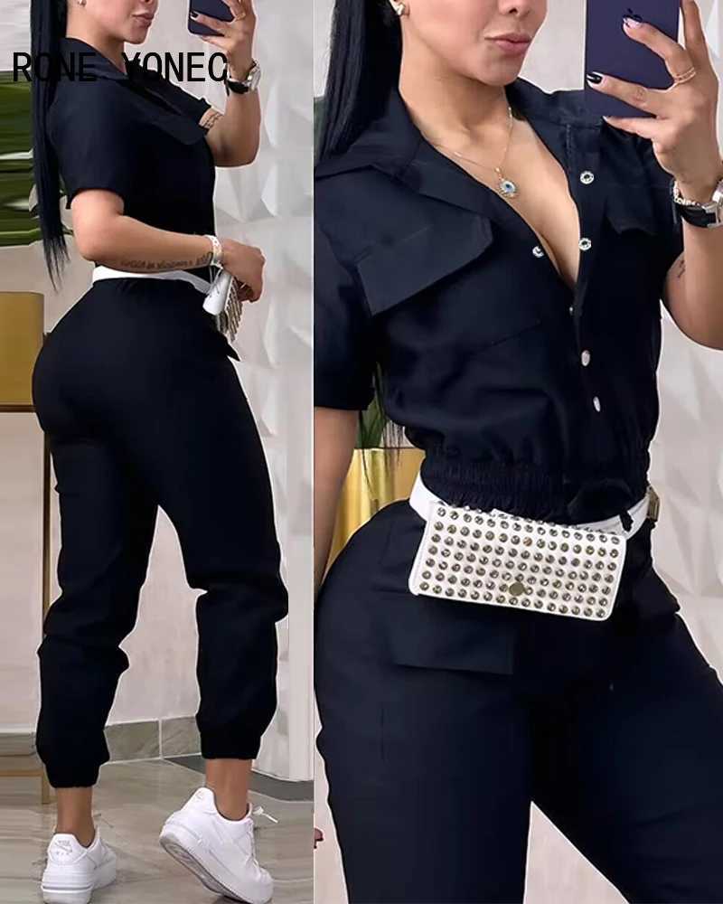 2024 Womens Solid Collar Elastic Waist Pull Rod Hidden Button Multi Pocket Short Slves Work Clothes X250318