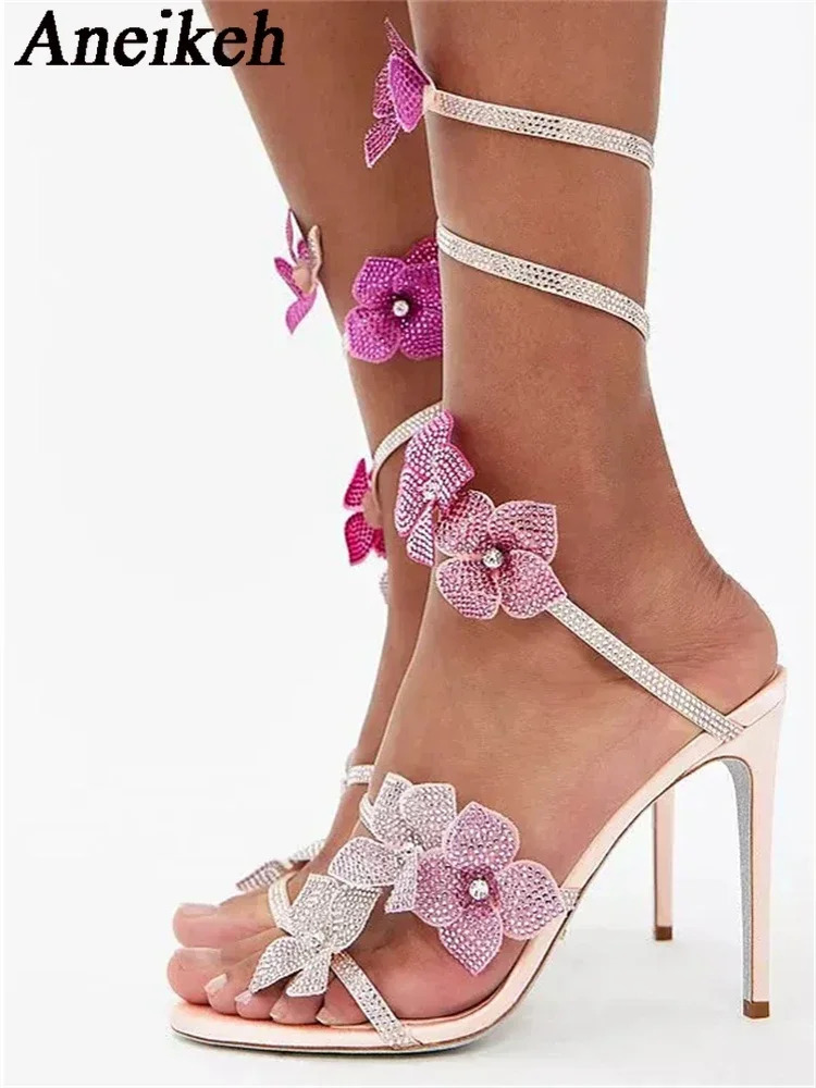 Aneikeh Sexy CRYSTAL Flower Narrow Band Ankle Strap Sandals Woman Thin High Heels Street Style Pole Dancing Ladies Shoes 250318