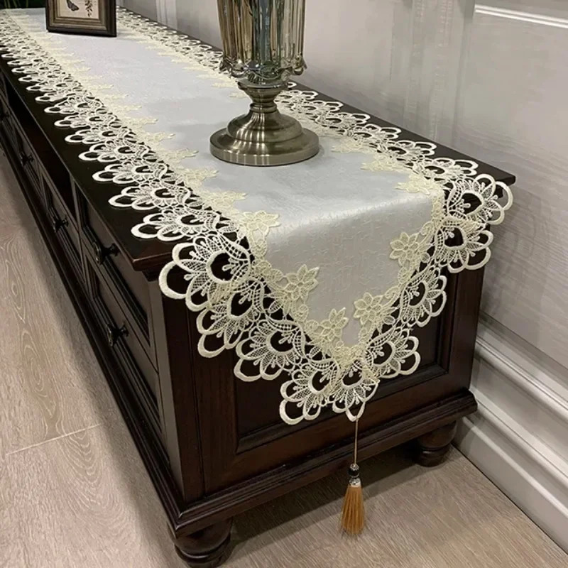 Oval Tablecloth DinningTable Runner embroidered Tea Table Cover Europe TV Cabinet Table cloth Lace Pendant tassel Dresser Dust 250317