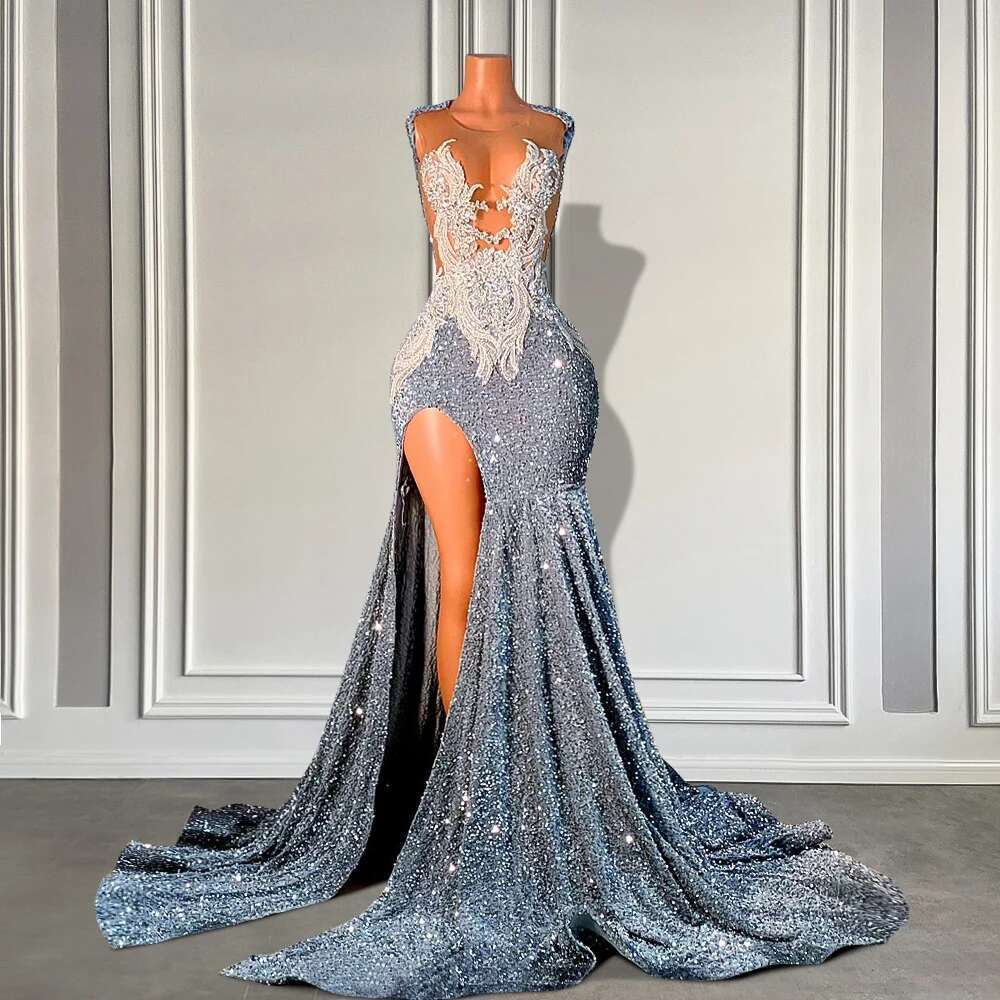 Sier Mermaid Prom Dresses For Black Girls Sparkly Long Sequin Crystals Birthday Party Gowns With High Slit Customized Dr0318