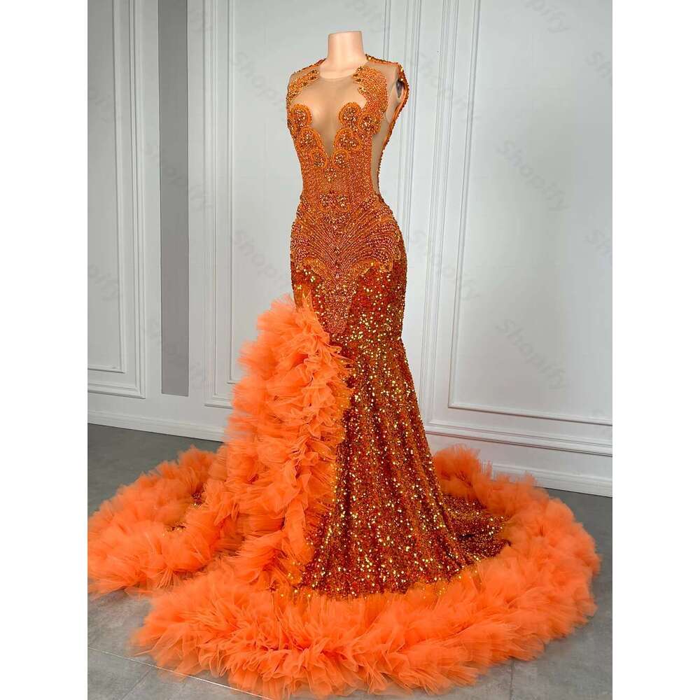 Sparkly Sequin Long Dresses 2024 High Slit Orange Ruffle Crystal Beaded Black Girls Mermaid Prom Gowns Customized Dr0318