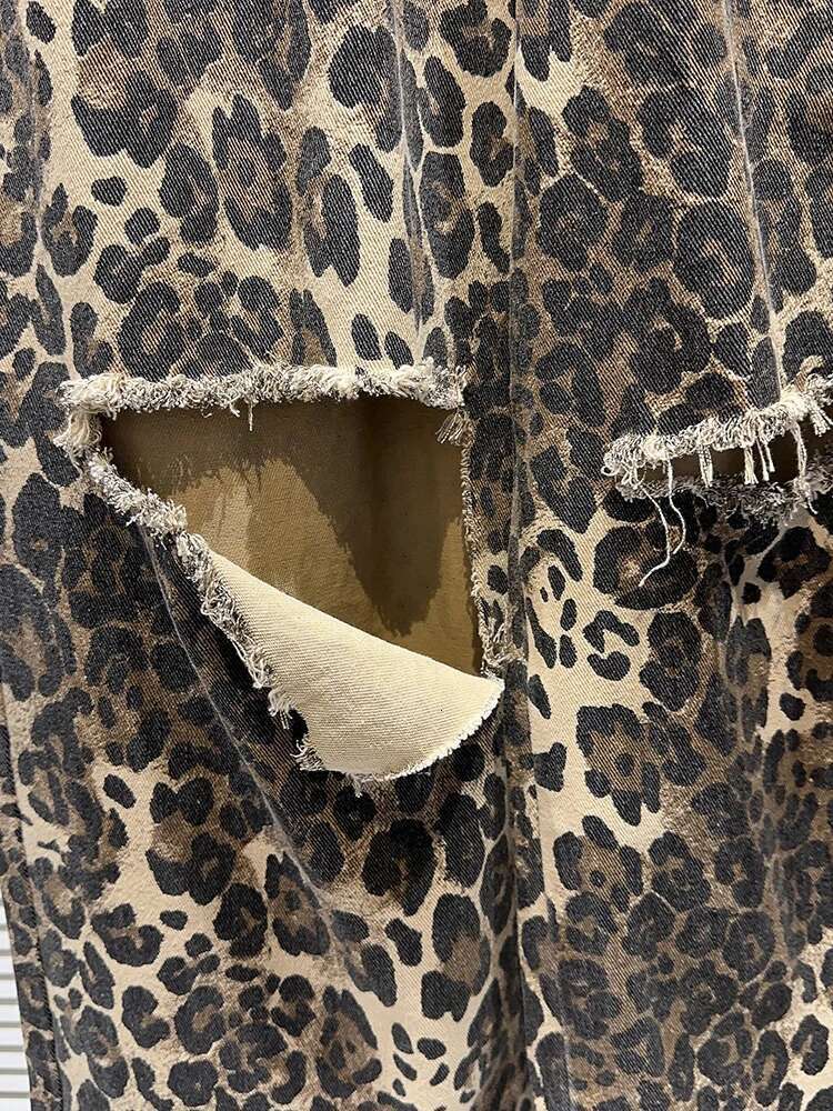 DEAT Fashion Hollow Out Design Leopard Print Loose Wide Leg Casual Pants For Women High Waist Trousers Spring 2024 New 11Xx5342