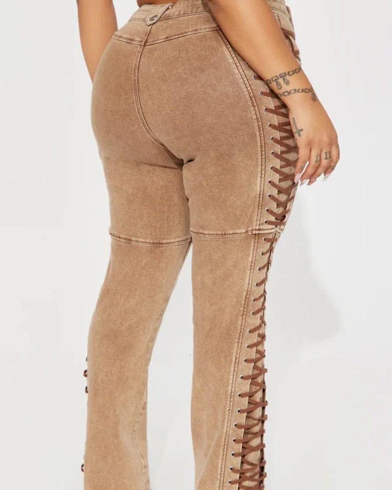 Fashion womens fashion lace-up drawstring Spice Girl jeans and pants Women Jeans Denim Straight Pants Spliced Patchwork 250317