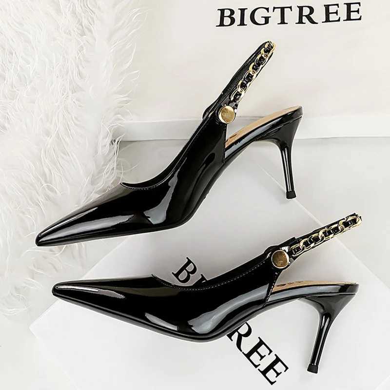 BIGTREE Shoes Metal Chain Temperature Pump Patent Leather New Temperature 7cm 9.5cm H Temperature Summer Stiletto Sandals High H Y250317