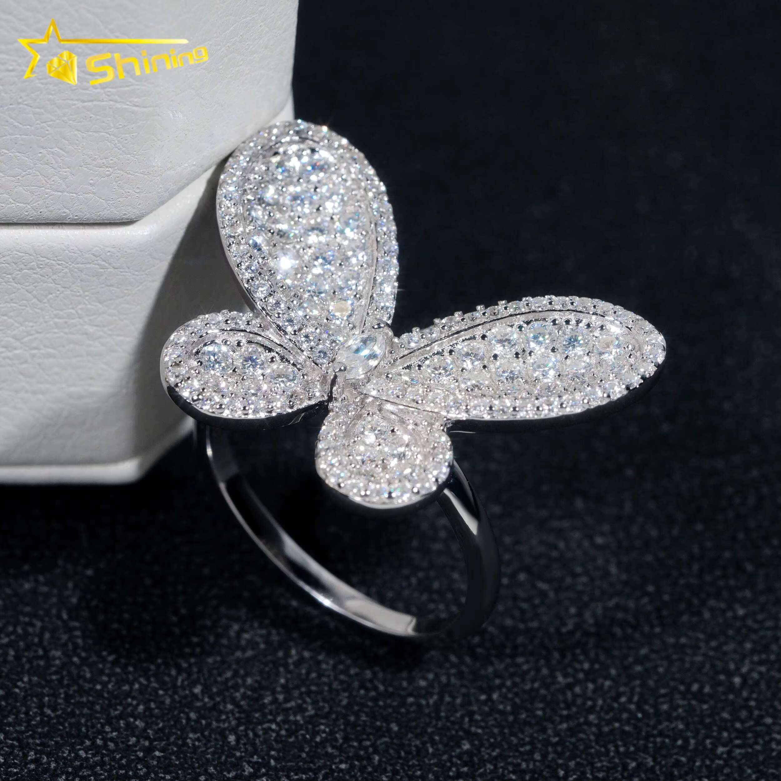 Drop Shipping Sier Gold Plated Hip Hop Jewelry New Style Butterfly VVS Dia Moissanite Ring