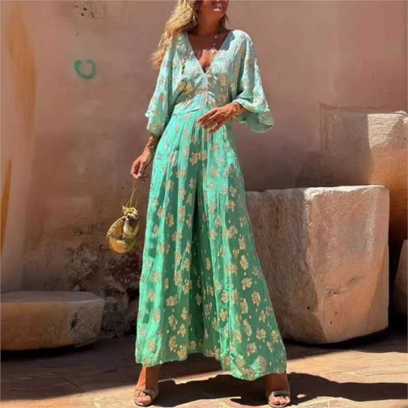 Fashion Gradient Print Jumpsuits Women Sexy V-neck Backless Leace-up Loose Slit Wide Legs Jumpsuit Female Trendy Strtwear New X250318