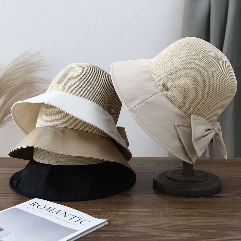 Fashion bow fisherman spliced grass woven thin sunshade women's summer protection beach sun hat