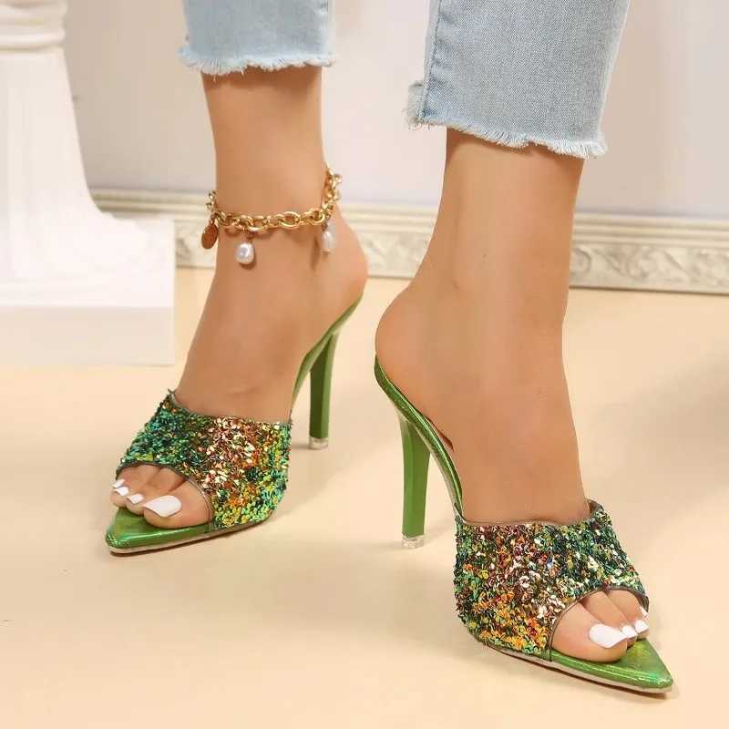 New Fi sequin slide cover 2024 summer new thin high heels high heels jacket Fi sandals Wen shoes 9.5CM Y250317