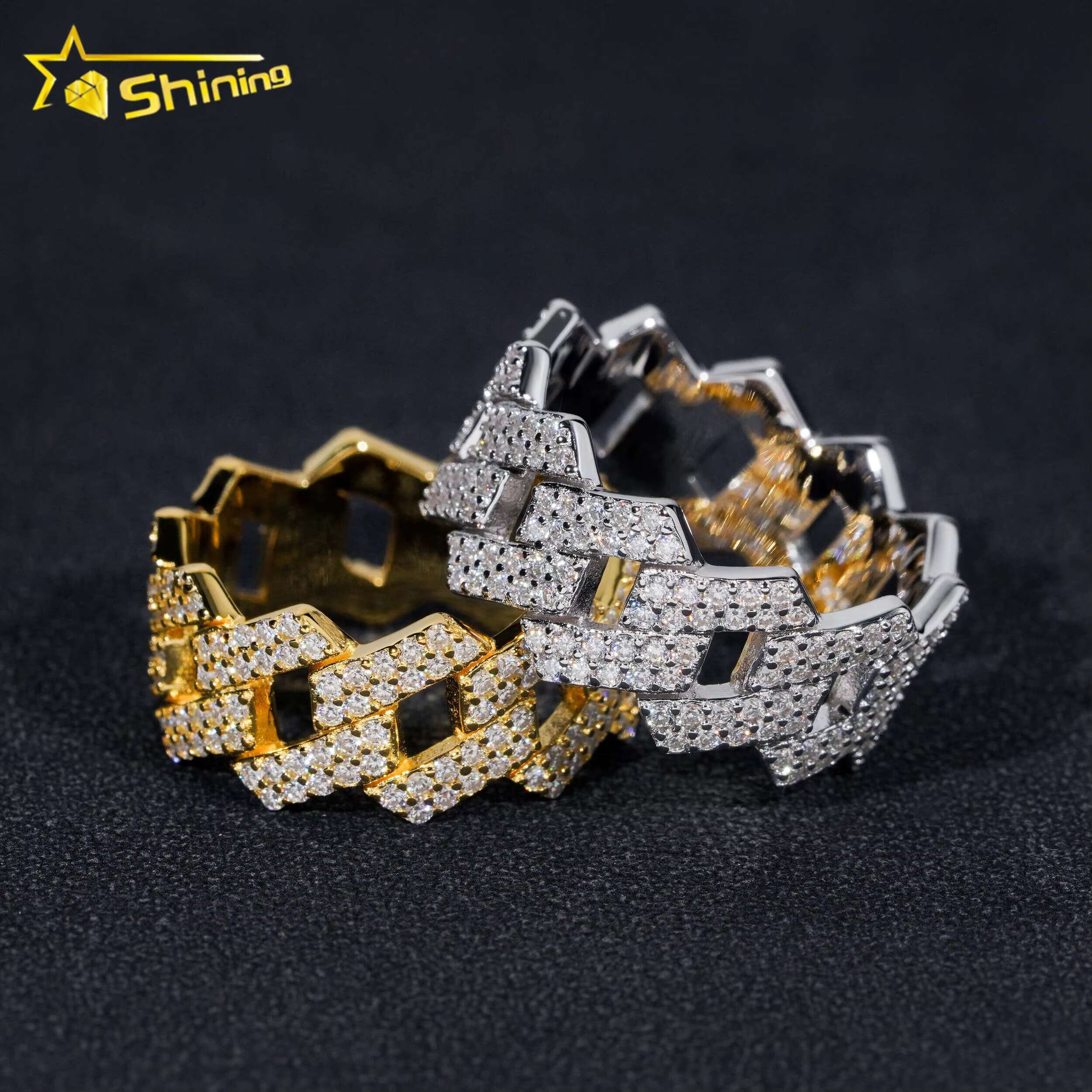Hot Sale Fashion Two Row Cuban Rings Iced Out High Quality VVS Dia Hip Hop Men Moissanite Ring