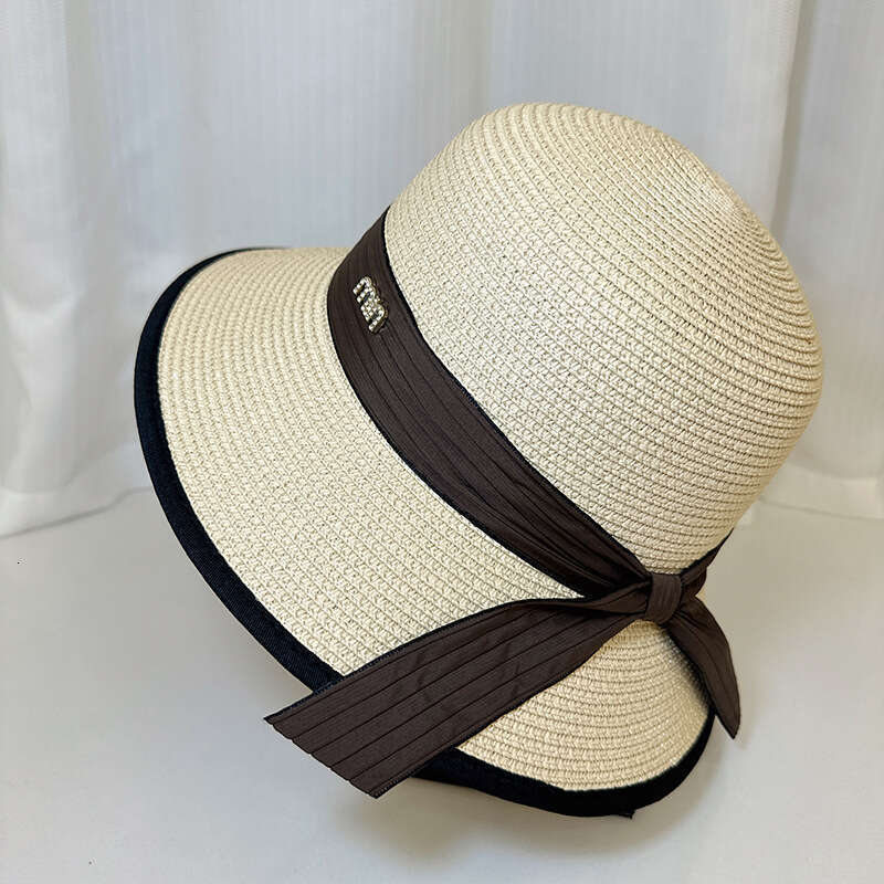 Summer metal letter label woven ribbon bow straw for women, beach vacation hat, outdoor protection sun hat