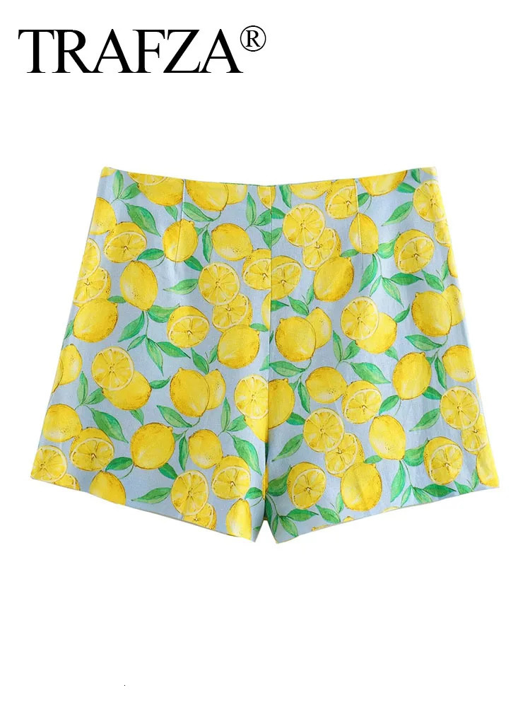 TRAFZA Women Yellow Lemon Print Casual Shorts Y2k Woman Fashion Summer High Waist Zipper Slim Shorts For Beach Party 250318