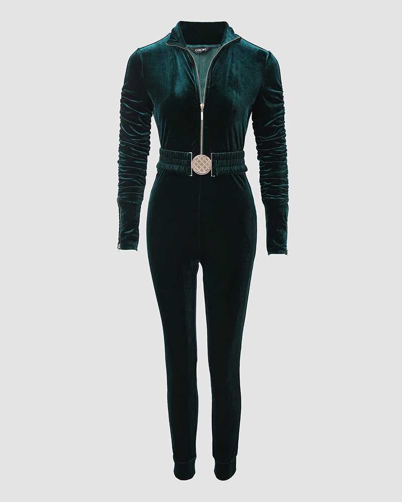 Zipper Design Ruched Long Sleeve Velvet Jumpsuit With Elastic Waistbelt X250318