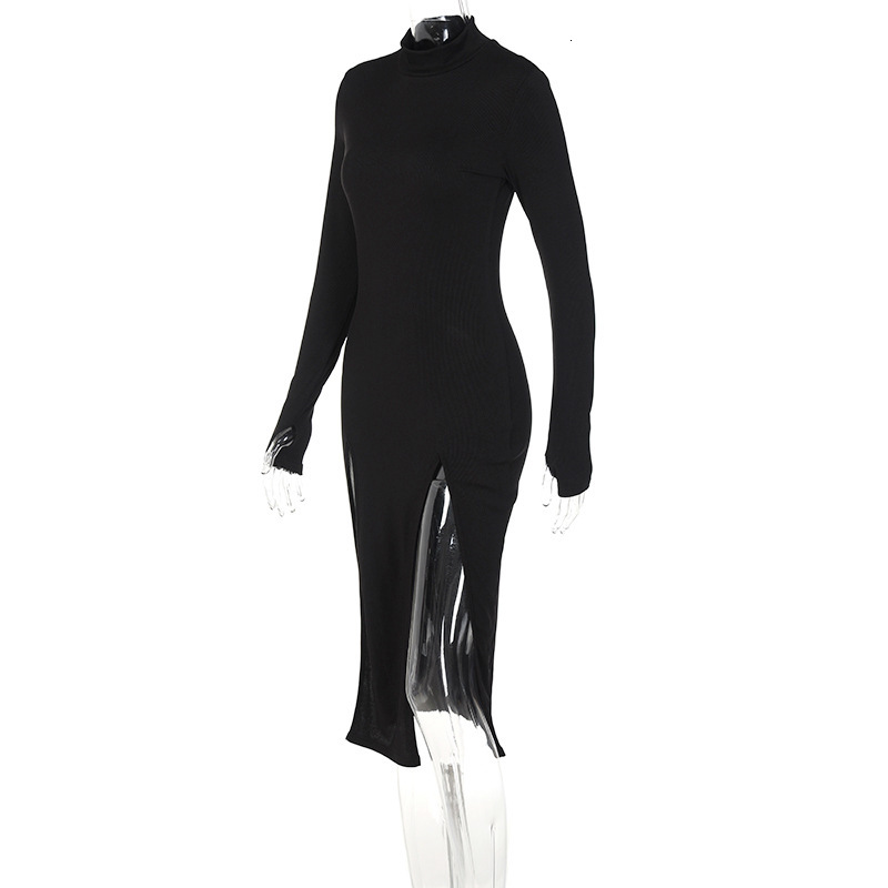 Autumn New Neck Long Sleeved High Slit Irregular Slim Fit Mid Length Solid Color Dress