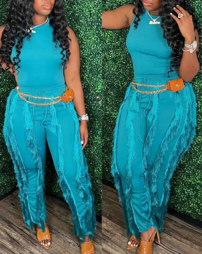 Fashionable solid one-piece casual vest and tassel decoration drawstring pants set tight fitting vest jumpsuit summer womens clothing X250318