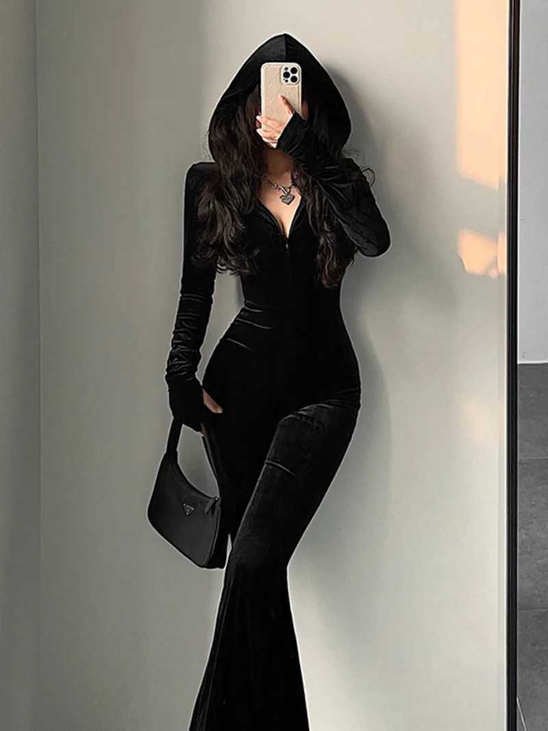 TVVOVVIN Fashion Black Velvet Slim Hooded Zipper Long Slve Flare Pants Jumpsuit Rompers Korean Sexy Hot Tops 2023 9P64 X250318
