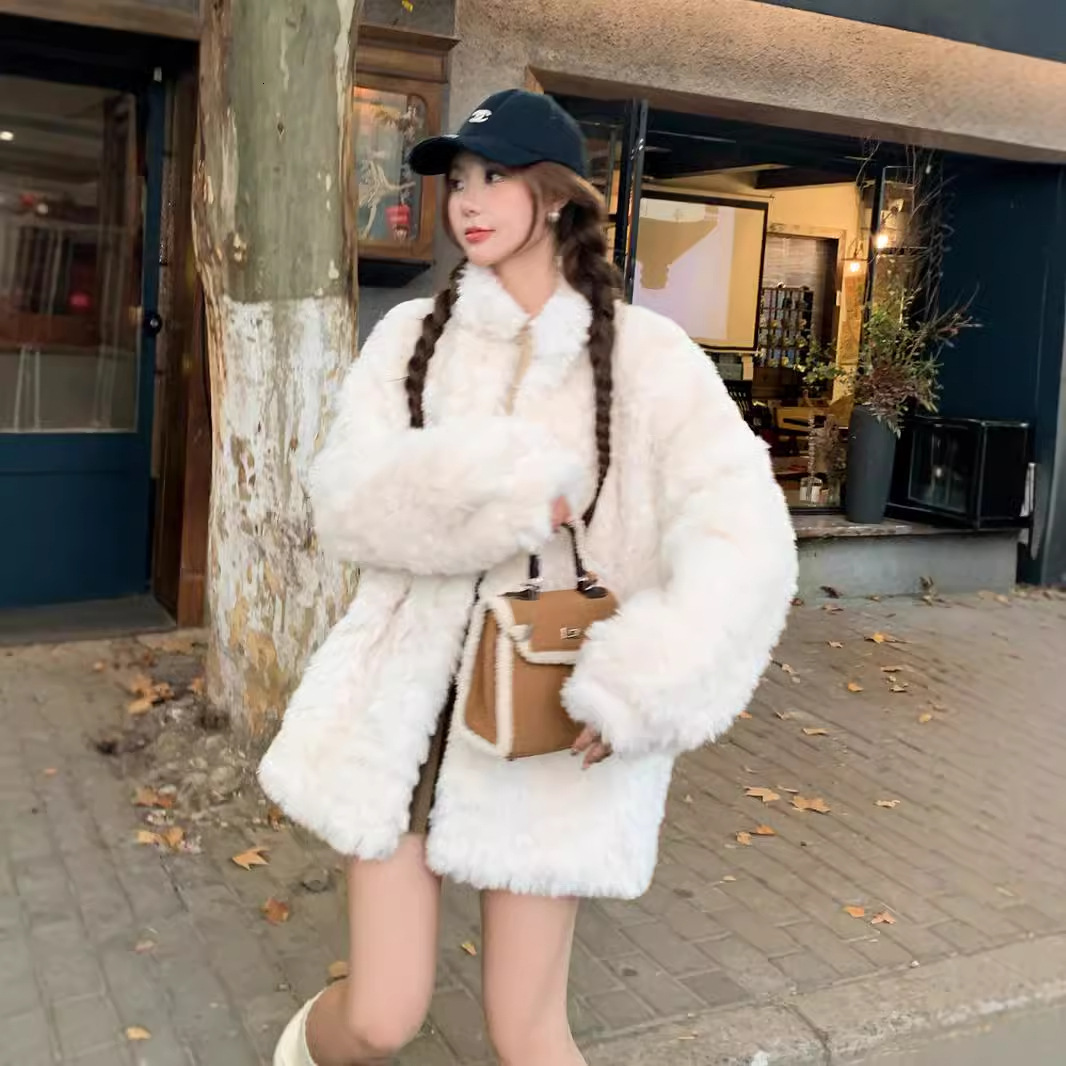 2024 winter standing collar lambhair jacket women's clothing Korean fashion medium long fur loose casual plush clothes