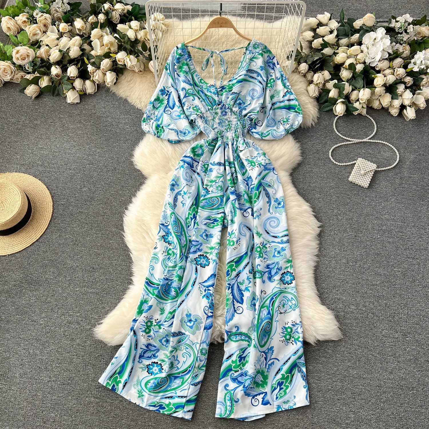 V-neck sexy Dolman Slves waist slim print jumpsuit womens wide leg Trouser jumpsuit X2503181