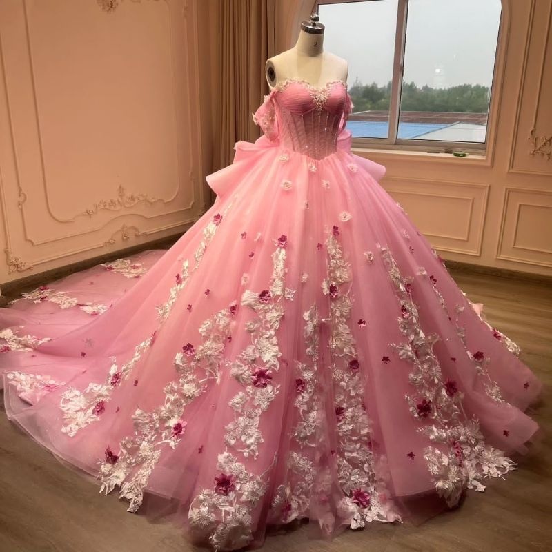 Pink Shiny Princess Off The Shoulder Ball Gown Quinceanera Dresses 3D Flowers Applique Beads Tull Sweet 16 Dress Vestido 15 De Anos