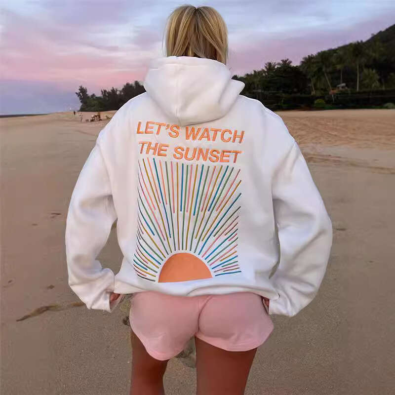 Euro Women's Shoulder Sleeve Thread Let's Watch The Sunset Hoodie Printed Embroidery