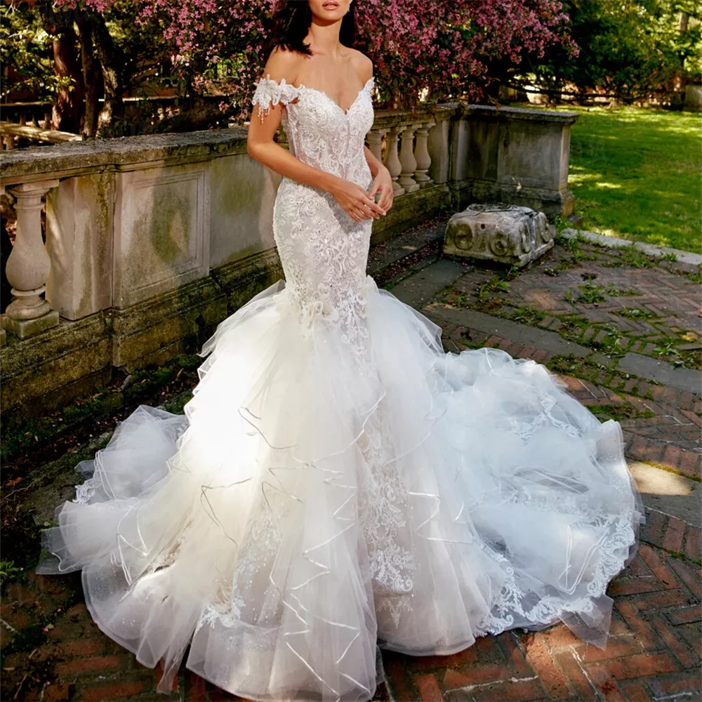 Cathedral Length Mermaid Wedding Dresses Lace Appliques Off Shoulder Elegant Bridal Gowns Ruffles Long Train Bride Dress Custom Made
