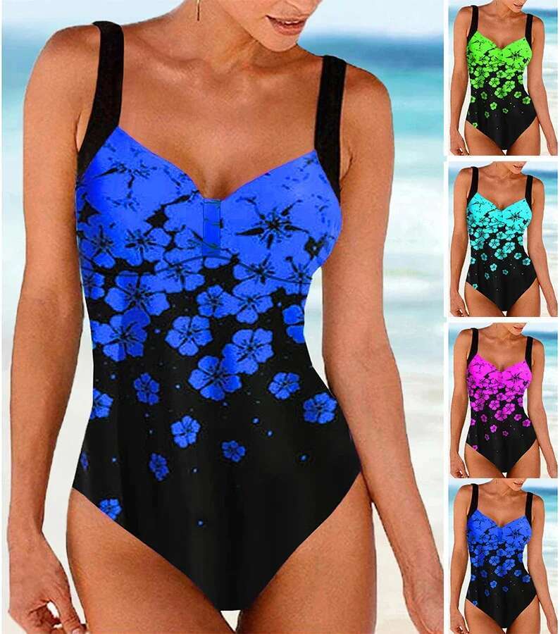 New high-quality summer women's shoulder strap swimsuit drifting plum blossom print seaside vacation one-piece swimsuit S-5XL